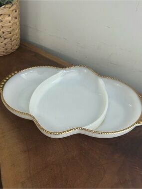 Vintage Fire-King milk glass divided relish tray with a gold rim. mint
